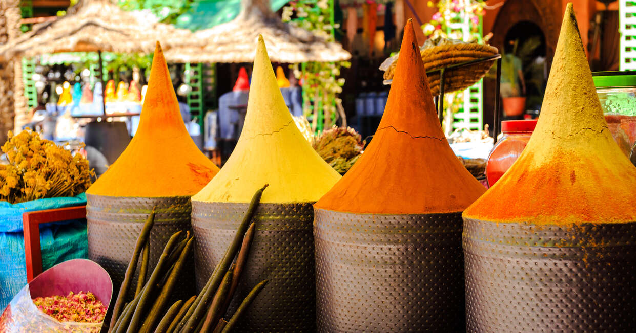 Moroccan spice stall in a Marrakech market